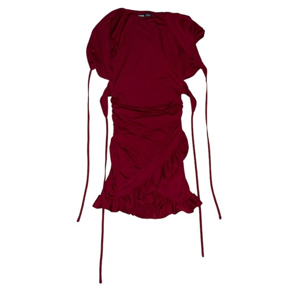 SHEIN Dresses & Skirts - BNWT SHEIN Burgundy Tied Cutout Front Ruffle Trim Wrap Hem Mini Dress